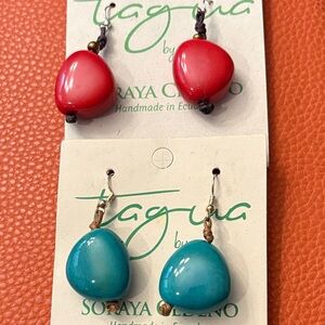 Soraya Cedeño Red and Blue Tagua Earrings